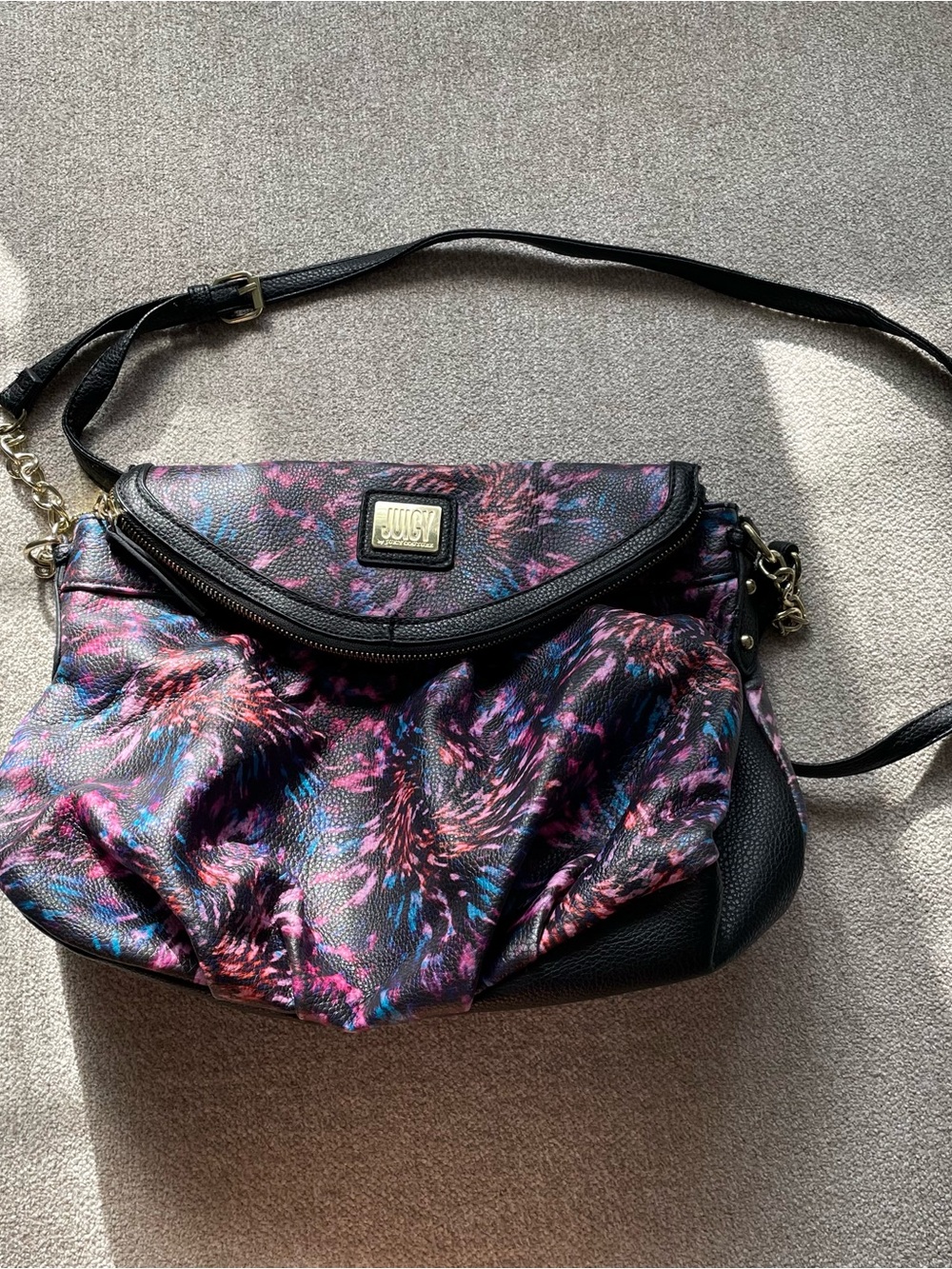 Juicy Couture Black Shoulder Bag with Pink and Blue Abstract Print